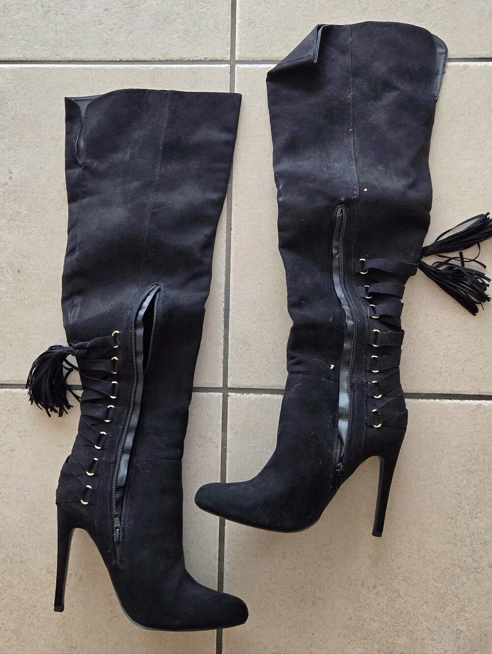 Women's Black Over-the-Knee Lace-Up High Heel Boots